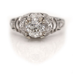 Art Deco 1.03 CTW European Cut Diamond Platinum Vintage Diamond Engagement Ring GIA I/VS2