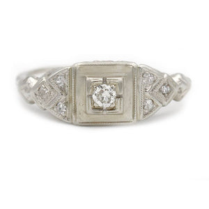 Art Deco .16 CTW Geometric Square 14 Kt White Engagement Ring Gold with Milgrain Front View