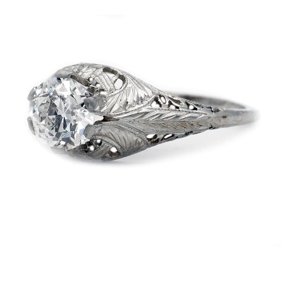 Art Deco .92 CTW Old European Cut Diamond 14K White Gold Antique Engagement Ring – GIA I/VS1
