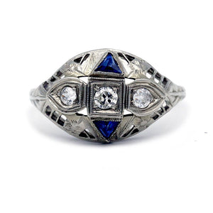 Edwardian Three Stone Ring .50 CTW European Cut Diamond Sapphire Dome Vintage Engagement Ring - Vintage Diamond Ring