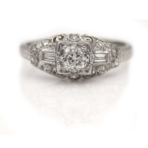 Art Deco .86 CTW Old Mine Cut Diamond Baguette Vintage Engagement Ring