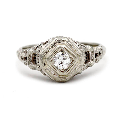 Art Deco .20 CTW  Old European Cut Diamond 18 Kt White Gold Antique Engagement Ring