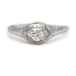 art deco old european cut diamond engagement ring in 14 kt white gold with a 40 point diamond shown in a front view