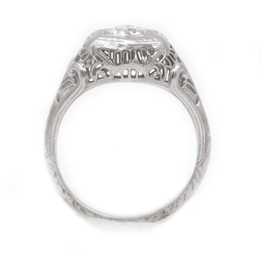 Art Deco .35 Ct Old European Cut Diamond Hexagonal Filigree Engagement Ring in 18K White Gold