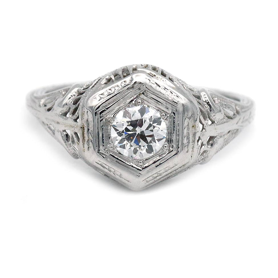 Art Deco .35 Ct Old European Cut Diamond Hexagonal Filigree Engagement Ring in 18K White Gold