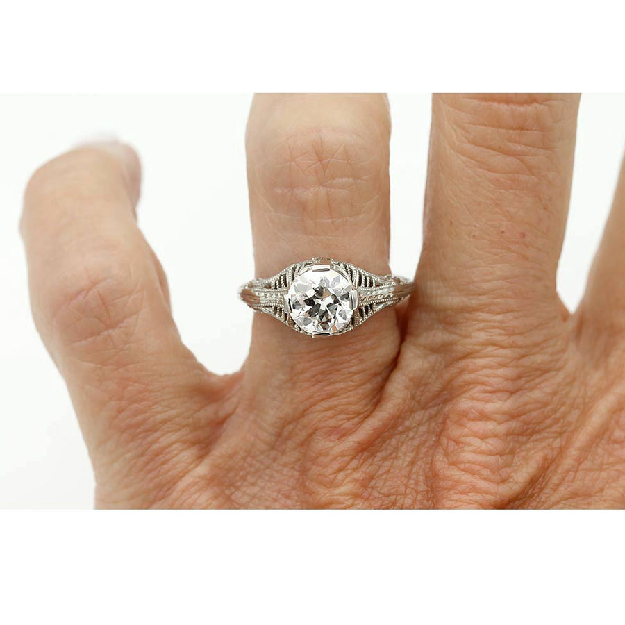 Art Deco 1.32 CT Old European Cut Diamond Solitaire Engagement Ring in 18K White Gold | Circa 1920s GIA J/SI2