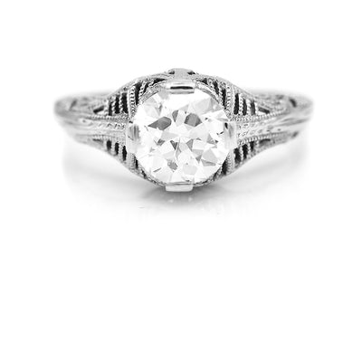 Art Deco 1.32 CTW Solitaire Old Euro Cut Diamond 18 Karat White Gold Vintage Engagement Ring GIA J/SI2