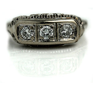 Antique .50 CTW 14 Karat White Gold Three Stone Diamond Engagement Ring - Vintage Diamond Ring