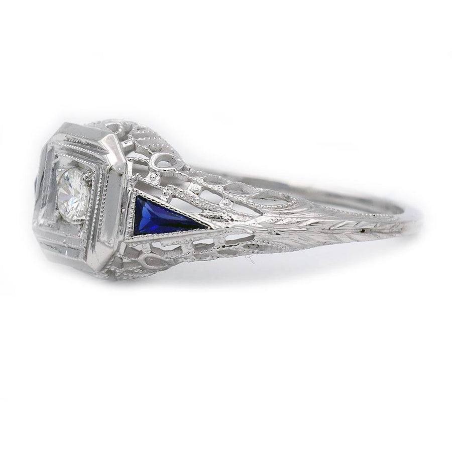 Art Deco .25 CTW Euro Cut Diamond Kite Sapphire Antique Engagement Ring