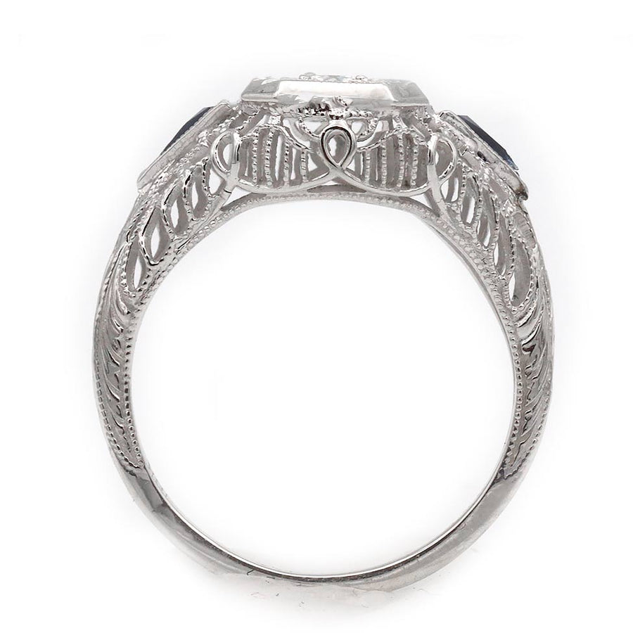 Art Deco .25 CTW Euro Cut Diamond Kite Sapphire Antique Engagement Ring