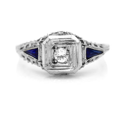 Art Deco .25 CTW Euro Cut Diamond Kite Sapphire Antique Engagement Ring 