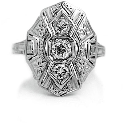 Vintage .35 CTW Navette Three Stone Diamond Antique Cocktail Ring