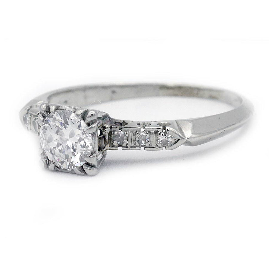 Vintage 1950s .70ct Transitional Cut Diamond Engagement Ring | AGI H SI2 14k White Gold Fishtail Setting
