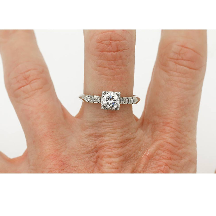 Vintage 1950s .70ct Transitional Cut Diamond Engagement Ring | AGI H SI2 14k White Gold Fishtail Setting
