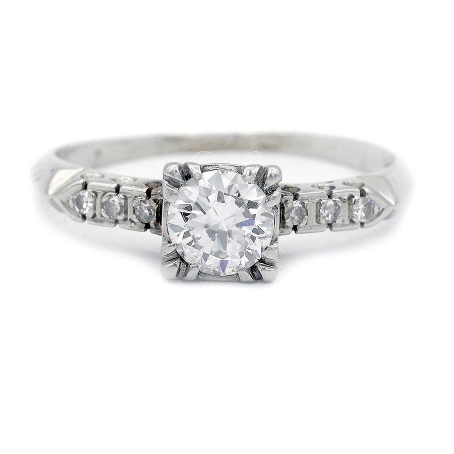 Vintage 1950s .70ct Transitional Cut Diamond Engagement Ring | AGI H SI2 14k White Gold Fishtail Setting