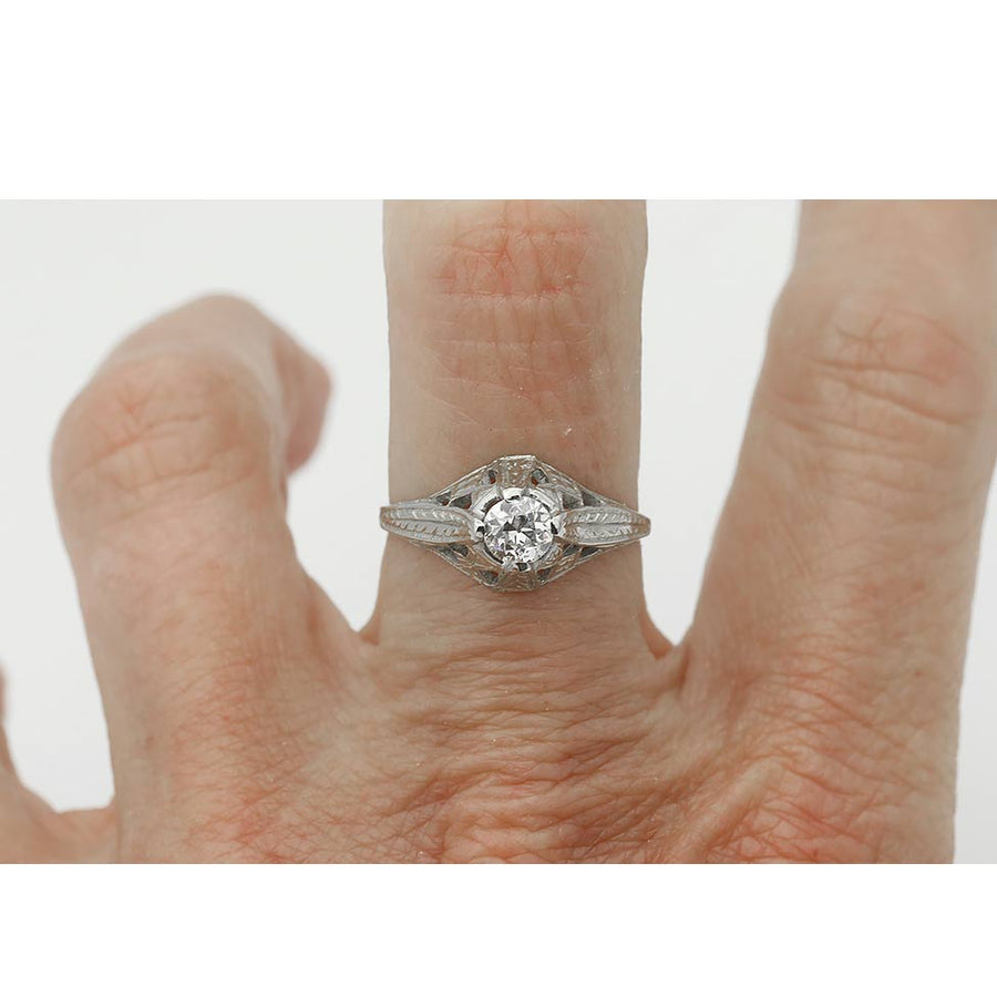 Art Deco .35 CT Old European Cut Diamond Filigree Solitaire Engagement Ring
