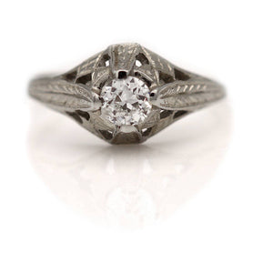 Art Deco .35 CT Old European Cut Diamond Engraved Solitaire Vintage Engagement Ring