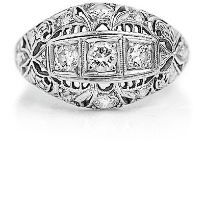 Art Deco .80 CTW Old European Cut Diamond Three Stone Antique Dome Ring