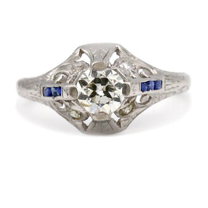 Vintage 1.02 CTW European Cut Diamond & Sapphire Art Deco Engagement Ring - Vintage Diamond Ring
