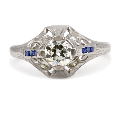 Vintage 1.02 CTW European Cut Diamond & Sapphire Art Deco Engagement Ring - Vintage Diamond Ring