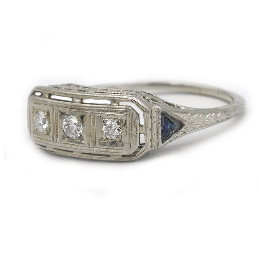 Art Deco .30 CTW Three Stone Diamond Sapphire Vintage Engagement Ring