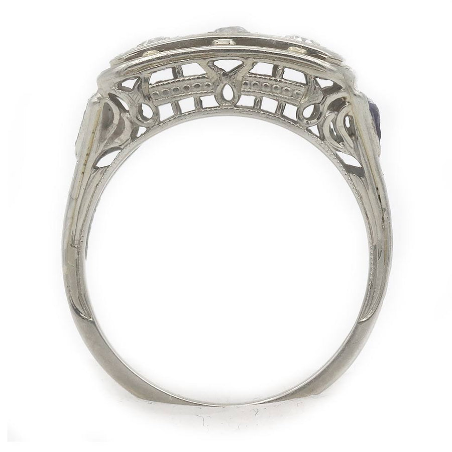 Art Deco .30 CTW Three Stone Diamond Sapphire Vintage Engagement Ring