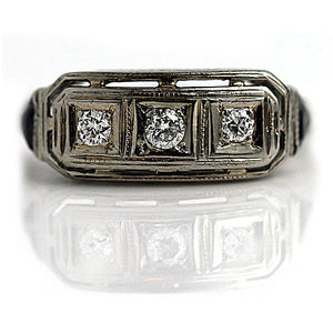 Art Deco .30 CTW Three Stone Diamond Sapphire Vintage Engagement Ring - Vintage Diamond Ring