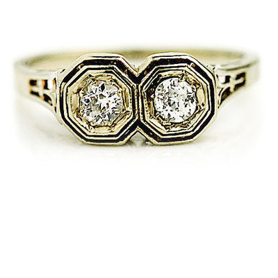 Art Deco Two Stone .30 CTW Mine Cut Diamond Antique Engagement Ring with Heart Motif