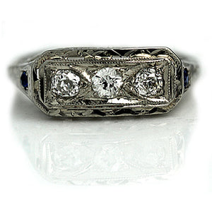 Antique Three Stone .40 CTW Diamond Sapphire Vintage Engagement Ring Heart Motif