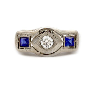 Antique .45 CTW Diamond Sapphire Three Stone Engagement Ring - Vintage Diamond Ring