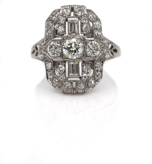 Art Deco 1.75 CTW Platinum European Cut Baguette Diamond Vintage Dinner Ring