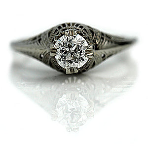 Art Deco .70 CTW 18 Karat White Gold Engraved Solitaire Antique Engagement Ring