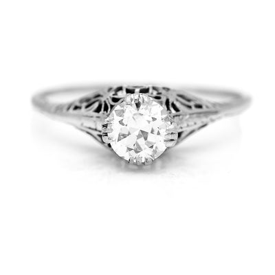 Art Deco .60 CTW European Cut Diamond 14 Karat White Gold Antique Engagement Ring GIA J/SI1