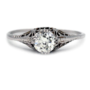 Art Deco .60 CTW European Cut Diamond 14 Karat White Gold Antique Engagement Ring GIA J/SI1 - Vintage Diamond Ring