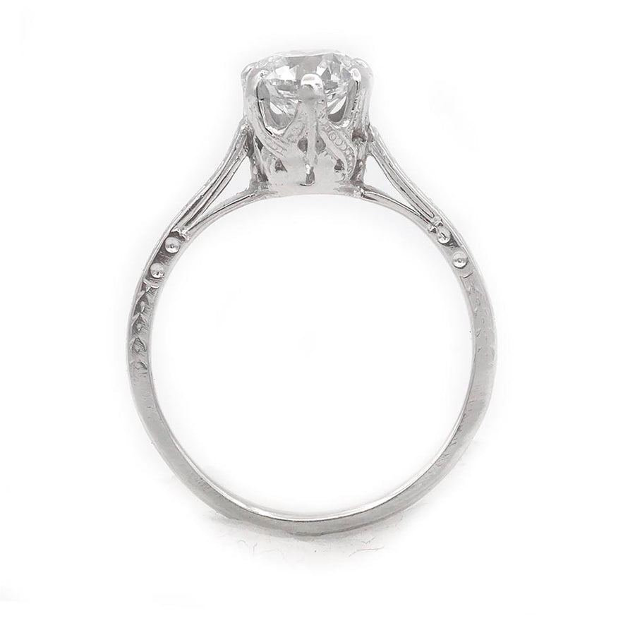 Art Deco platinum solitaire engagement ring .97 carat GIA certified old European cut diamond G SI2 six-prong setting hand engraved circa 1920s