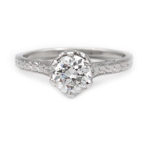 Art Deco platinum solitaire engagement ring .97 carat GIA certified old European cut diamond G SI2 six-prong setting hand engraved circa 1920s