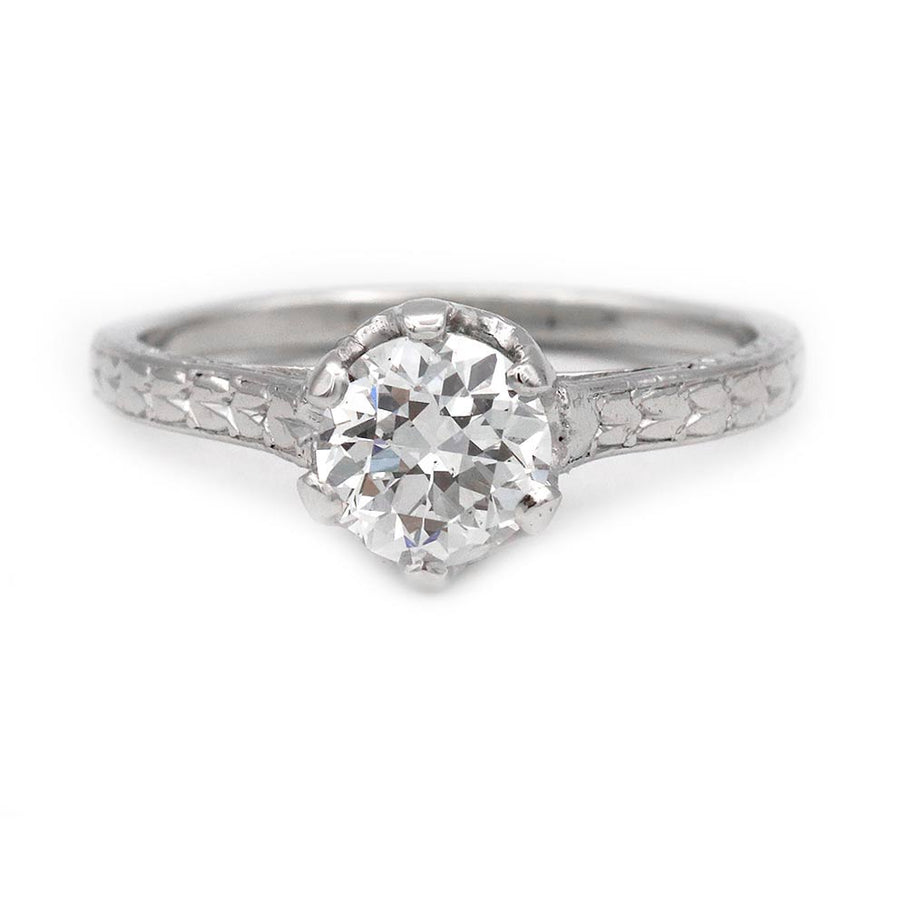 Art Deco platinum solitaire engagement ring .97 carat GIA certified old European cut diamond G SI2 six-prong setting hand engraved circa 1920s