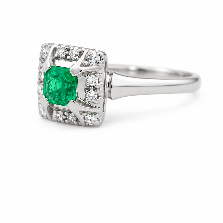 Vintage .50 Ct Colombian Emerald & Diamond Halo Engagement Ring in Platinum