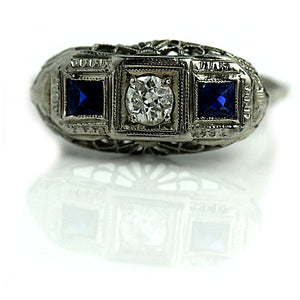 Art Deco .45 CTW European Cut Antique Engagement ring with Sapphire Side Stones - Vintage Diamond Ring
