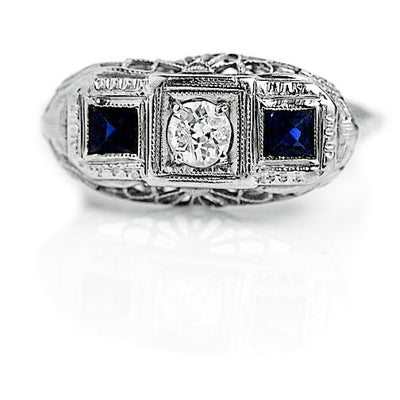 Art Deco .45 CTW European Cut Antique Engagement ring with Sapphire Side Stones