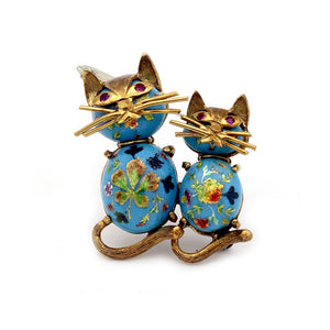 18 Kt Yellow Gold Ruby and Enamel Twin Cat Brooch - Vintage Diamond Ring