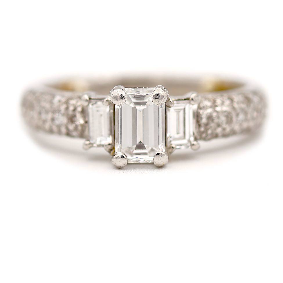 Mid-Century CTW 21 Karat Emerald Cut Diamond Three Stone Pave