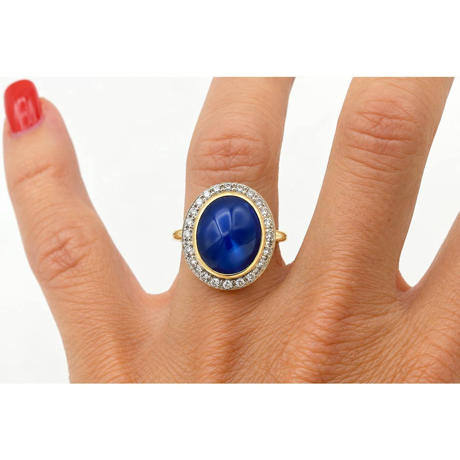 Antique 10.00 Ct No-Heat Ceylon Cabochon Sapphire & Rose Cut Diamond Halo Ring | GIA