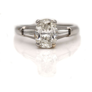 Mid-Century 1.40 CTW Three Stone Oval Diamond Engagement Ring with Baguettes GIA H/VS2