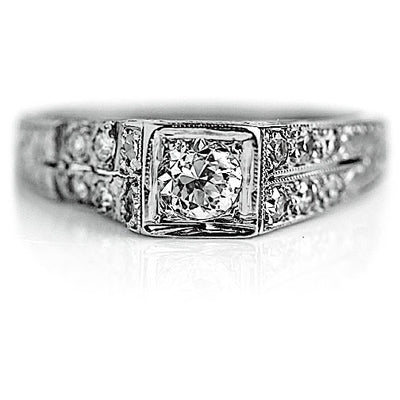 Antique .59 CTW Old European Cut Diamond Art Deco Engagement Ring Floral Engravings