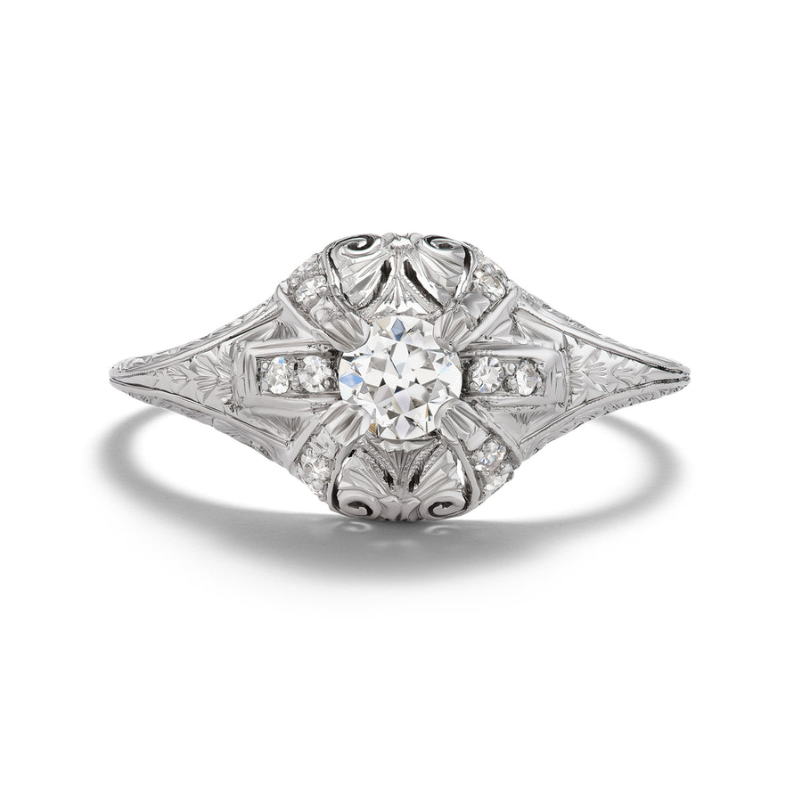 Art Deco Old European Cut Diamond Engagement Ring .41 Carat GIA E VS2 Platinum Filigree Antique Ring
