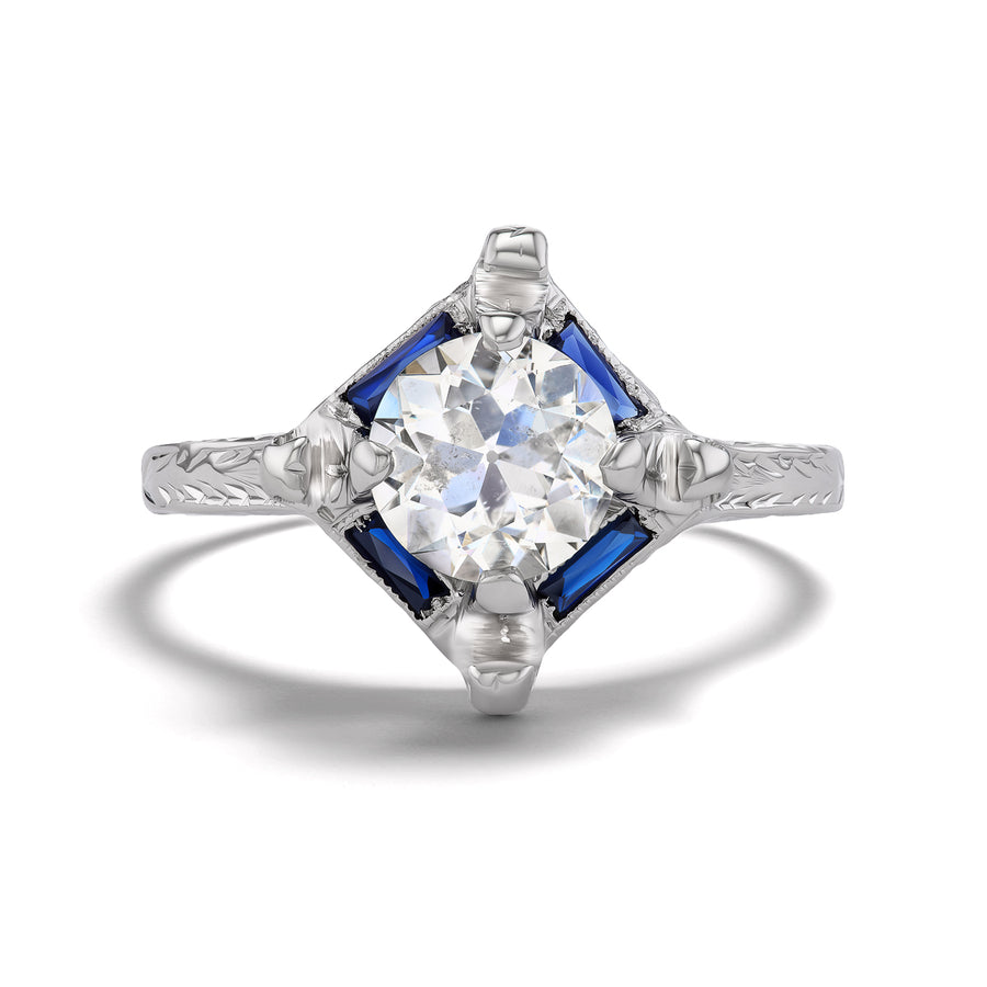 Art Deco 1.16 Ct Old European Cut Diamond Sapphire Vintage Engagement Ring GIA F/I1