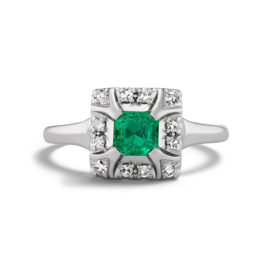 Vintage .50 Ct Colombian Emerald & Diamond Halo Engagement Ring in Platinum