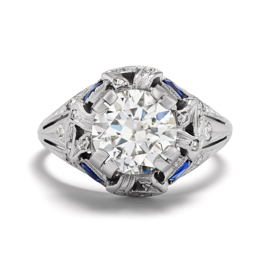 Art Deco Old European Cut Diamond & Sapphire Engagement Ring 1.83 CT Platinum GIA K/I1 Circa 1930s