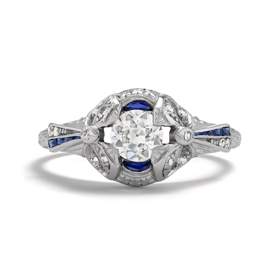 Art Deco Old European Cut Diamond & Sapphire Engagement Ring in Platinum | 1930s